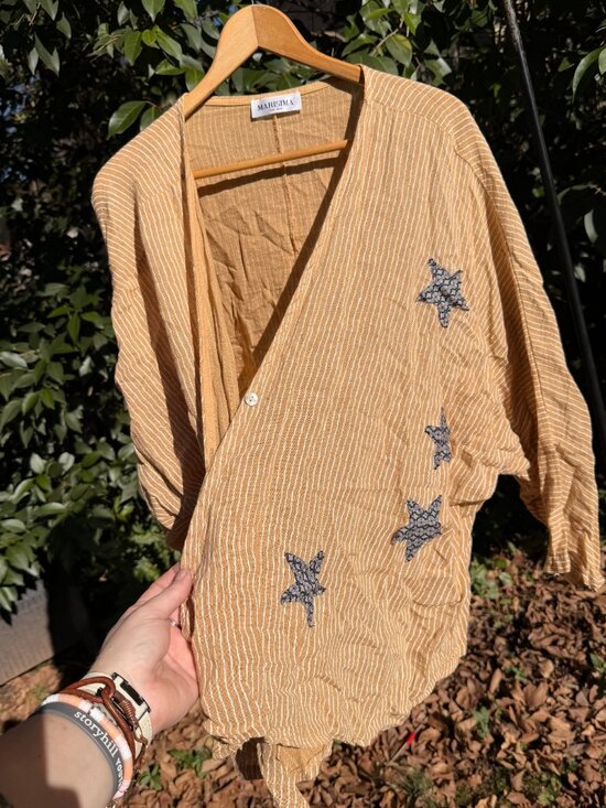 Marisima Mustard Stripe Kimono Jacket with Star Embroidery – One Size - Picture 1 of 4